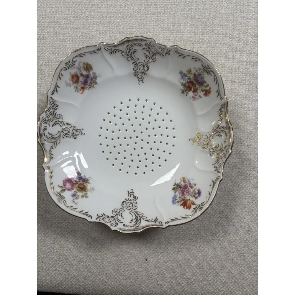 Antique Saxe Porcelain Berry Bowl Strainer Colander Footed Floral Gold